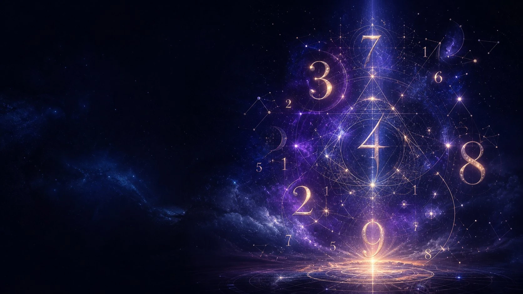 Glowing numerology symbols and sacred geometry in a cosmic sky