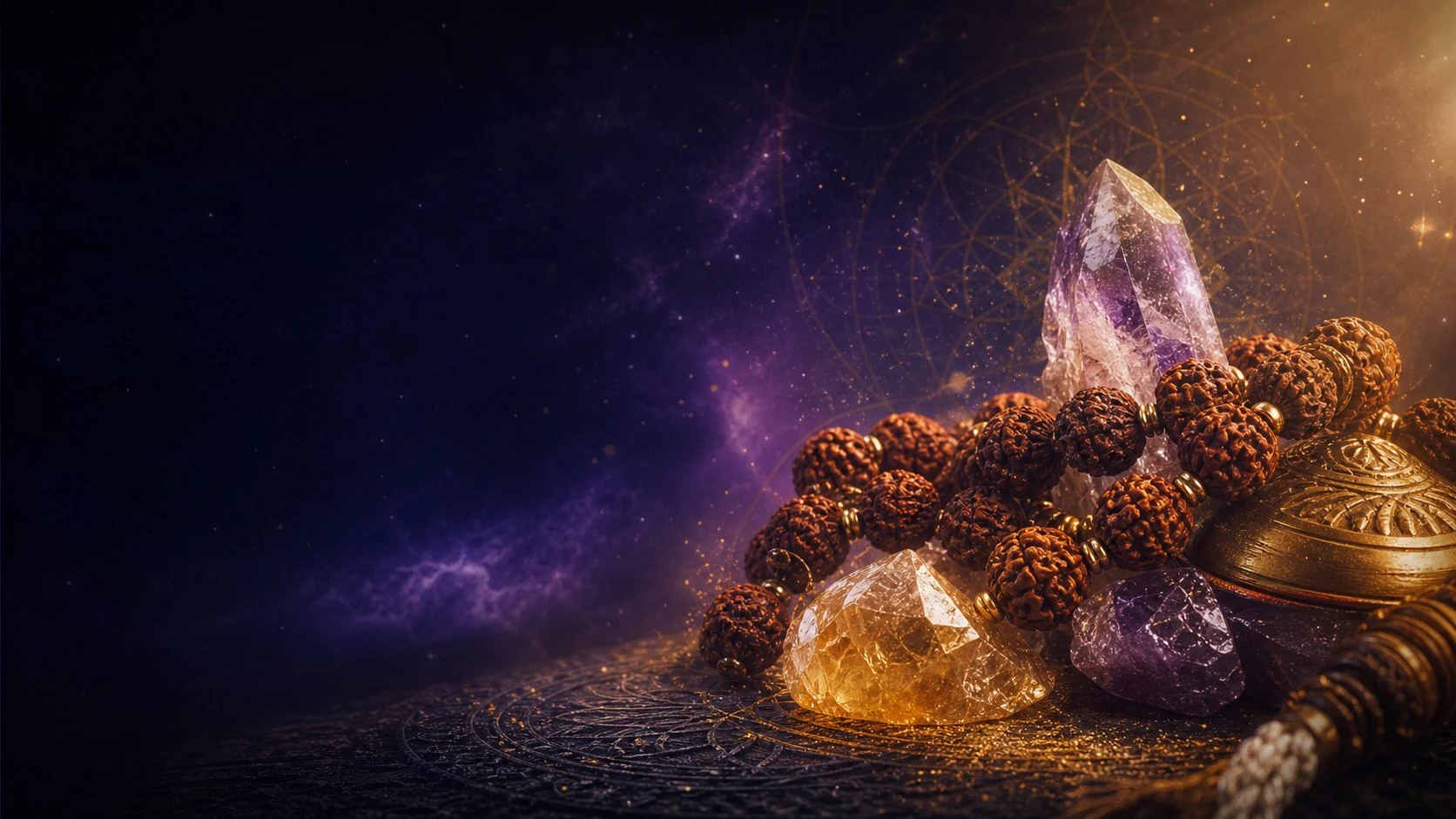 Rudraksha beads and luminous crystals with a warm spiritual glow