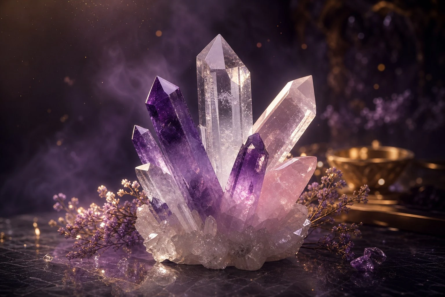 Amethyst, clear quartz and rose quartz with a soft spiritual glow