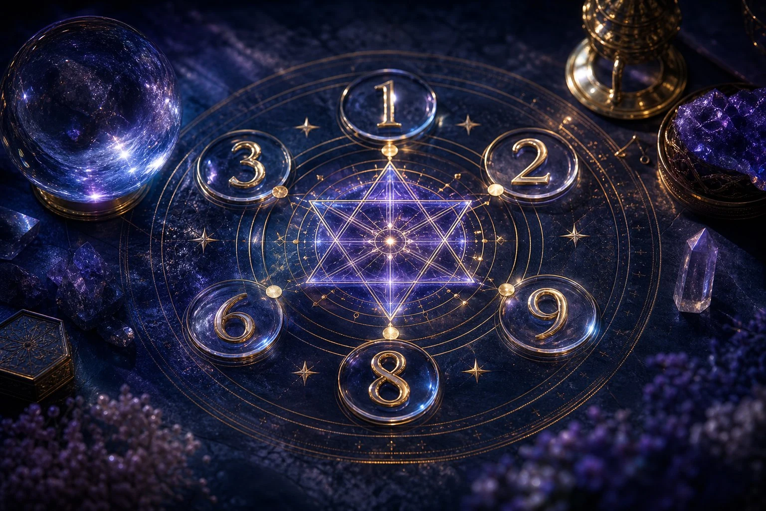 Glowing numerology chart with sacred geometry and luminous numbers