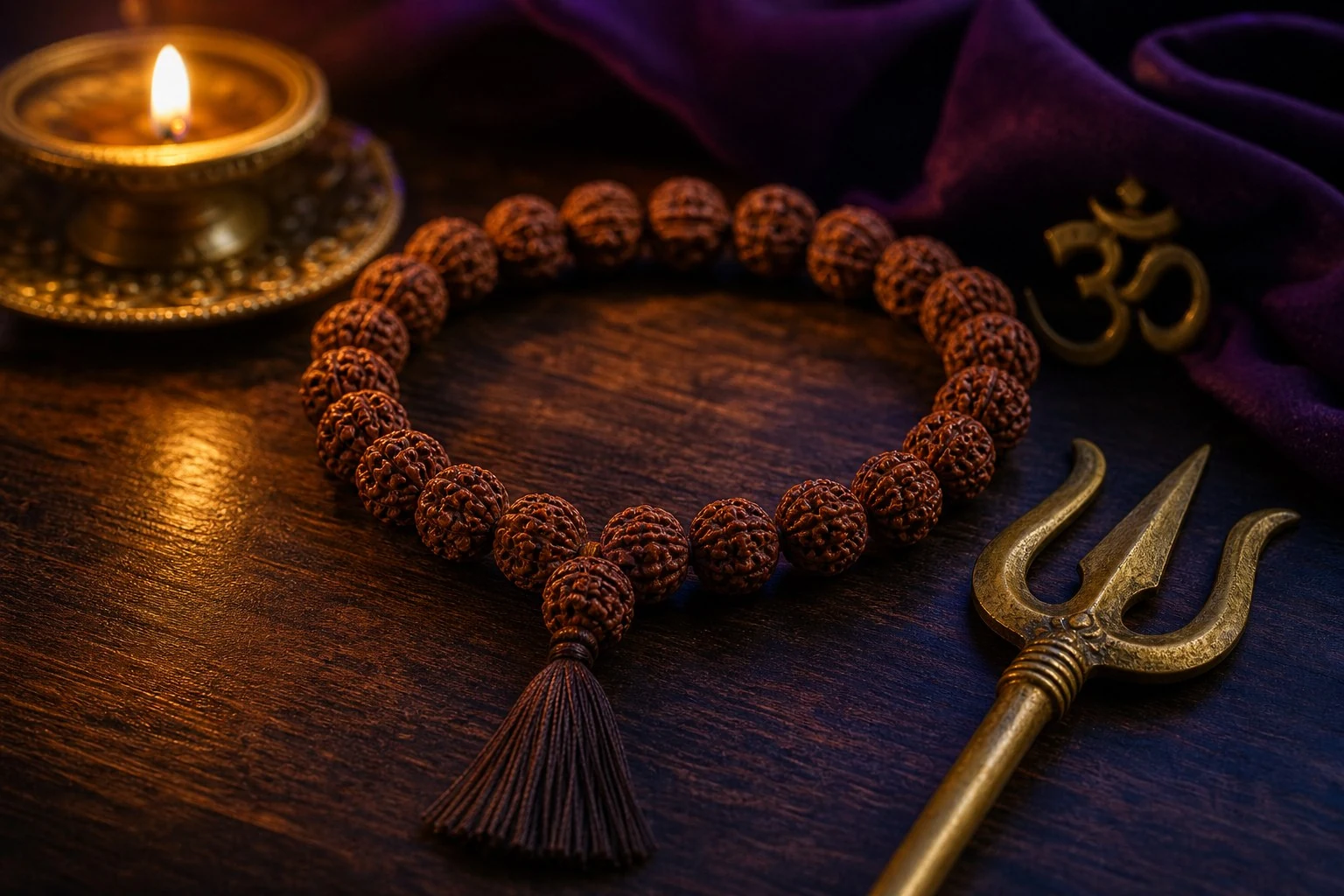 Rudraksha beads with a brass Trishul and Om symbol in warm light